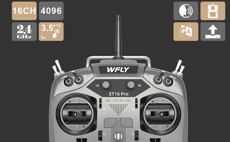 WFLY ET16Pro RC Transmitter Full Metal Hall Sensor Gimbals ELRS Dual Built-in RF Modules 500mW Max Power15W Fast Charge