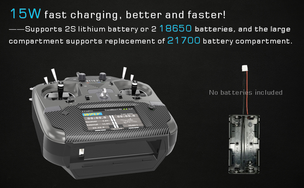 WFLY ET16Pro RC Transmitter Full Metal Hall Sensor Gimbals ELRS Dual Built-in RF Modules 500mW Max Power15W Fast Charge